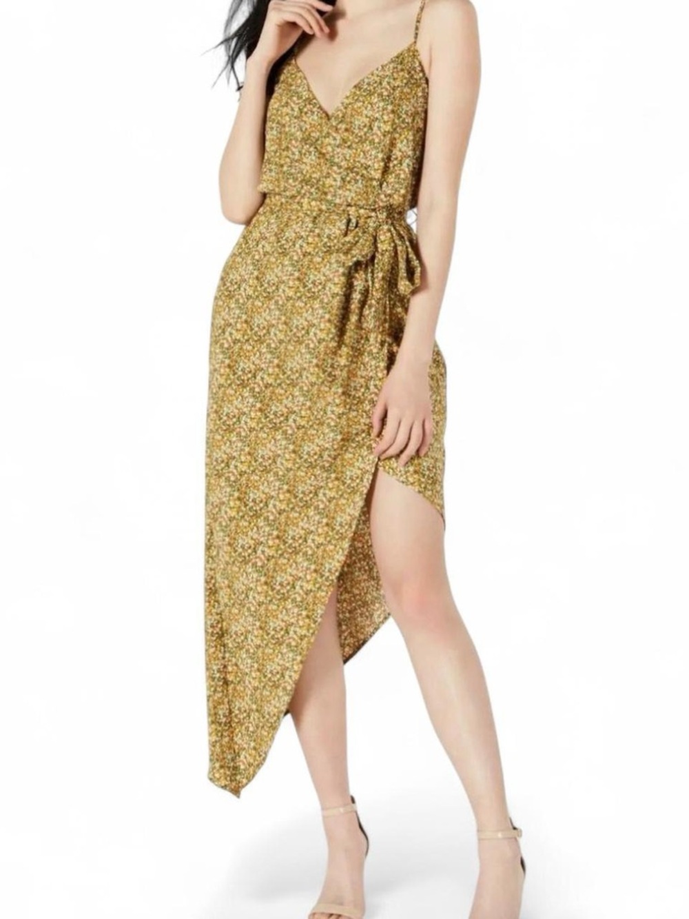 Spaghetti Strap Asymmetrical Floral Wrap Midi Dress in Green, Yellow & Orange.
